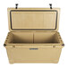 A beige CaterGator outdoor cooler with a lid open and black handles.