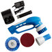 A blue and white MotorScrubber cordless handle with a black battery charger.