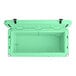 A CaterGator seafoam green outdoor cooler with a lid open.