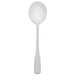 A Walco stainless steel bouillon spoon with a white handle.
