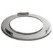 A stainless steel circular drum ring with a hole in it.