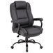 A Boss black leather office chair with wheels and arms.
