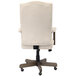 A white office chair with a champagne velvet cushion and driftwood base and arms.