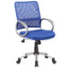 A blue mesh office chair with a pewter base and casters.