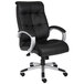 A Boss black leather office chair with silver arms and legs.