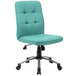 A green office chair with wheels on a black base.