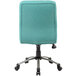 The back of a green Boss office chair with a black base.