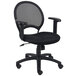 A Boss black mesh office chair with wheels and adjustable arms.