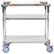 A Metro stainless steel multi station cart with galvanized shelves and blue wheels.