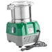 A green and silver AvaMix Revolution stainless steel batch bowl food processor with a cord.