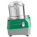 AvaMix Revolution stainless steel batch bowl food processor with a green and grey lid.