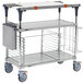 A silver Metro PrepMate cart with galvanized shelving and a tray on top.