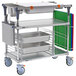 A silver metal Metro PrepMate MultiStation cart with galvanized shelves and trays.