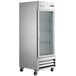 An Avantco stainless steel reach-in refrigerator with glass doors on wheels.