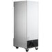 An Avantco stainless steel reach-in refrigerator with glass doors on wheels.