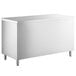 A white rectangular stainless steel table with an open front and legs.