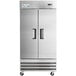 An Avantco double door reach-in refrigerator with a silver finish.