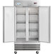 An Avantco stainless steel reach-in refrigerator with two solid doors open.