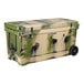 A white CaterGator cooler with wheels and a camouflage pattern.