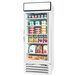 A white Beverage-Air refrigerated glass door merchandiser with various dairy products inside.