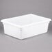 A white Rubbermaid polyethylene food storage container with a white lid.