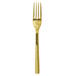 A close up of a Oneida Chef's Table Gold stainless steel salad fork with a gold handle.