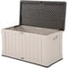 A Lifetime heavy-duty plastic outdoor storage deck box with the lid open.