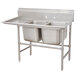 A stainless steel Advance Tabco two compartment pot sink with a left sink rack.