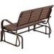 A brown metal Lifetime glider bench with a wooden seat and back.