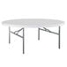 A Lifetime white round plastic folding table with metal legs.