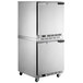 Two Beverage-Air stainless steel undercounter freezers stacked on wheels.