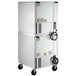 A white Beverage-Air undercounter refrigerator and freezer with wheels and left hinged doors.