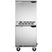 A stainless steel Beverage-Air undercounter refrigerator and freezer stacked on wheels.
