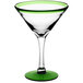 An Acopa Tropic martini glass with a clear bowl, green rim, and green base.