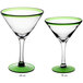 Two Acopa martini glasses with green rims and bases.
