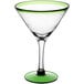 An Acopa martini glass with a clear bowl, green rim, and green base.