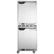 Two Beverage-Air stainless steel undercounter refrigerators stacked on 3" casters.