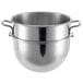 A silver stainless steel Hobart mixing bowl with handles.