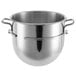 A stainless steel Hobart mixing bowl with handles.