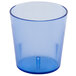 A slate blue Cambro plastic tumbler with a small hole in the bottom.