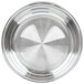 A close-up of a stainless steel circular water pan with a rim.