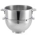 A large silver Hobart stainless steel mixing bowl with handles.