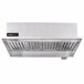 A stainless steel Halifax low proximity commercial kitchen backshelf hood.