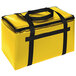 A yellow Sterno insulated food carrier with black straps.