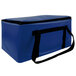 A royal blue Sterno food carrier with black straps.