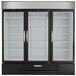 A Beverage-Air black glass door merchandising freezer with stainless steel interior and three shelves.
