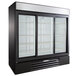 A black Beverage-Air MarketMax refrigerator with glass doors.