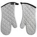 A pair of white San Jamar oven mitts with black trim.
