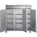A Beverage-Air stainless steel reach-in refrigerator with three doors.