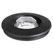 A black plastic jar lid with a clear glass center
